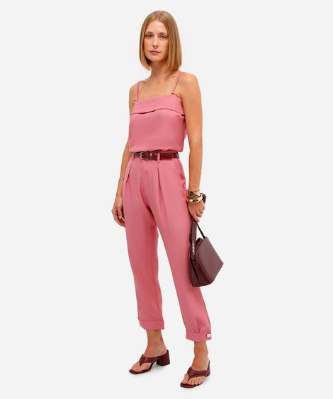 calça de alfaiataria feminina de viscose com pregas rosa