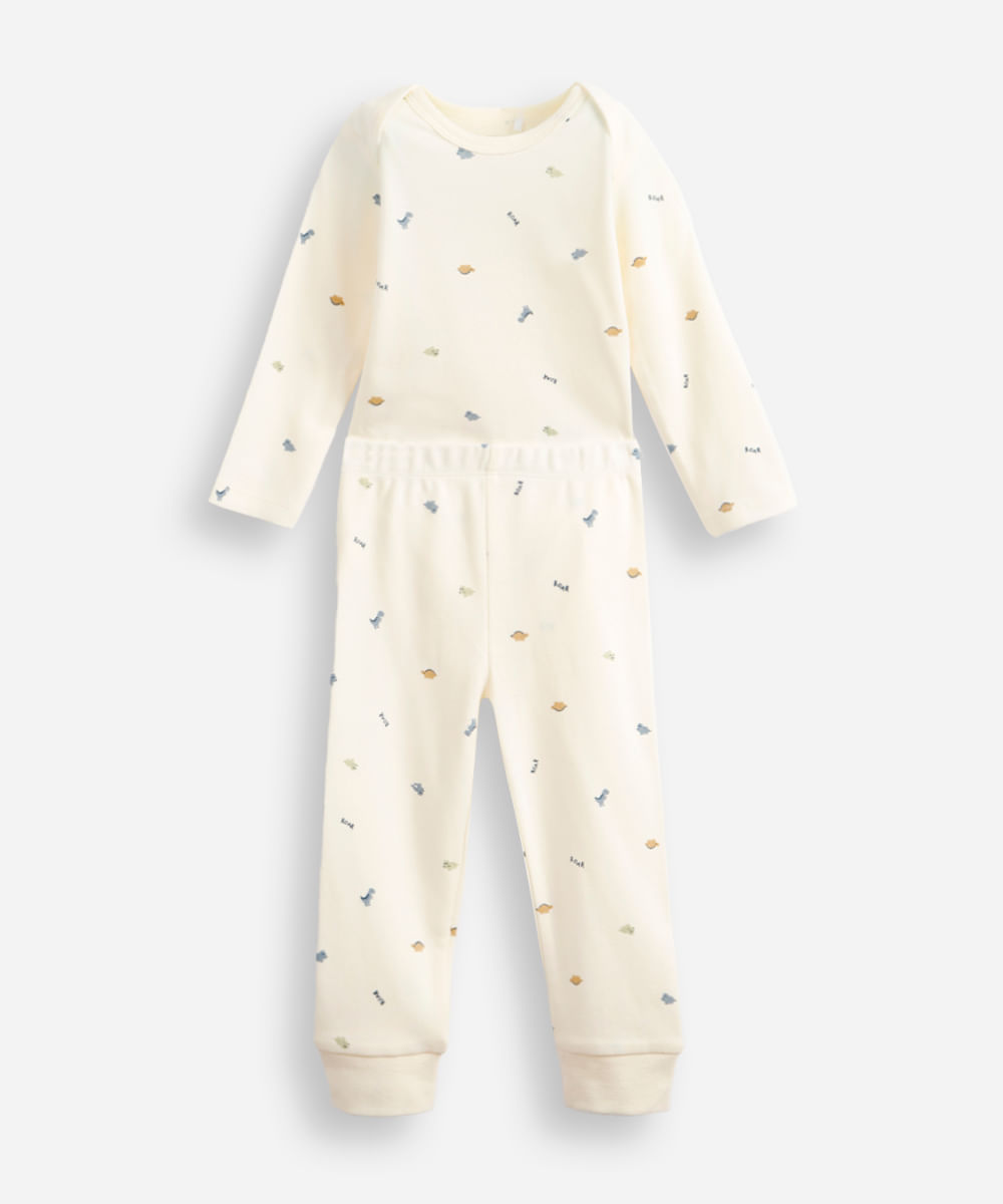 conjunto longo infantil de algodão dino off white