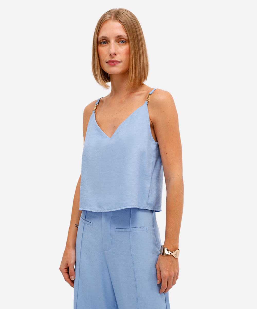 blusa feminina alça fina de viscose decote v azul