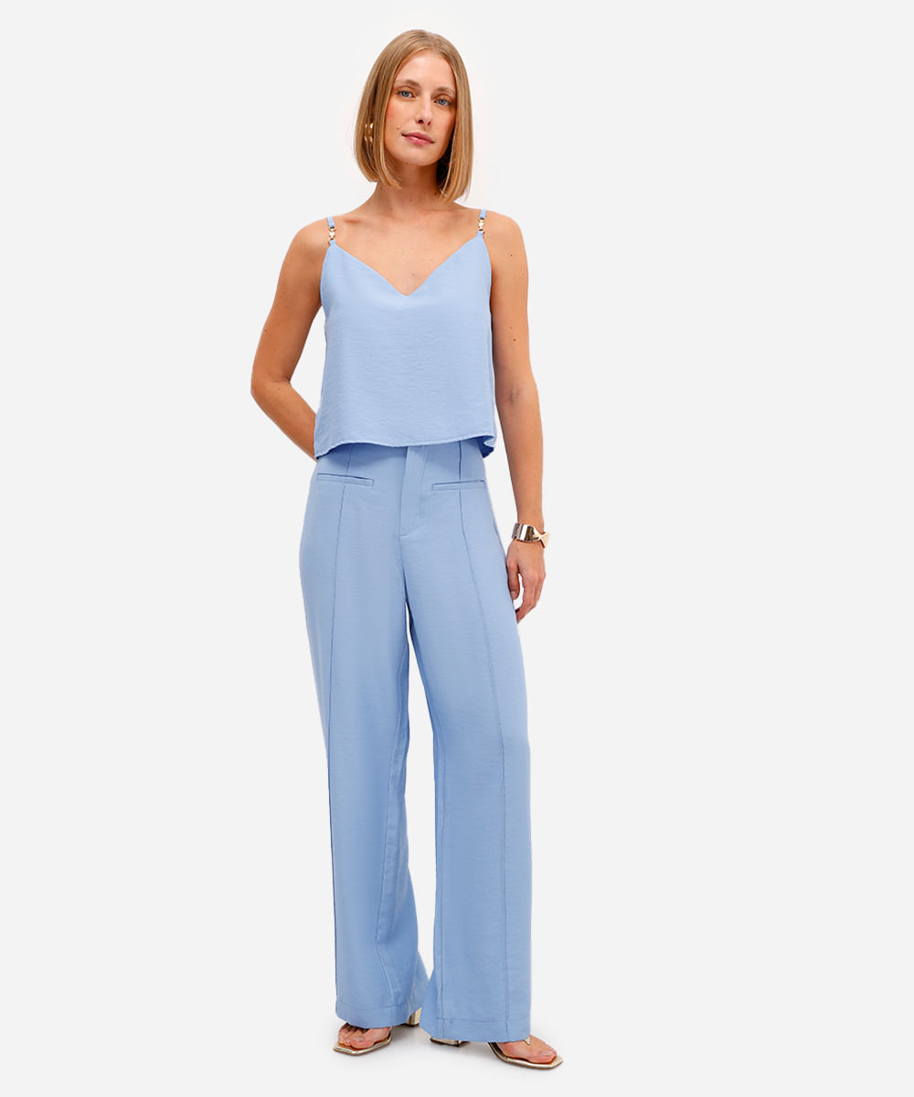 blusa feminina alça fina de viscose decote v azul