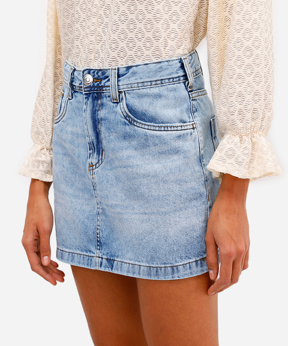 minissaia feminina jeans cintura alta azul