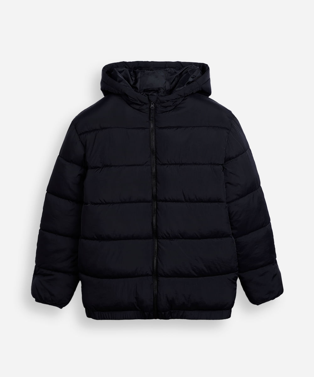 jaqueta puffer juvenil com capuz preto