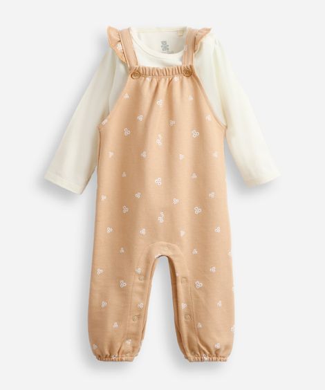 jardineira longa infantil de moletom com body floral bege