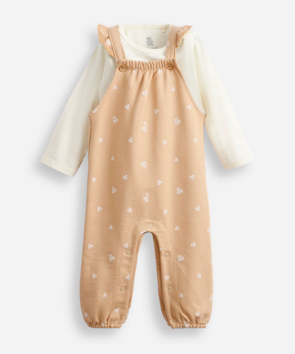 jardineira longa infantil de moletom com body floral bege