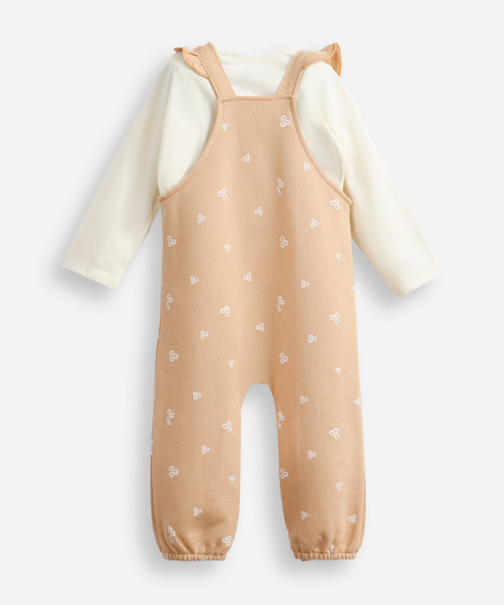 jardineira longa infantil de moletom com body floral bege