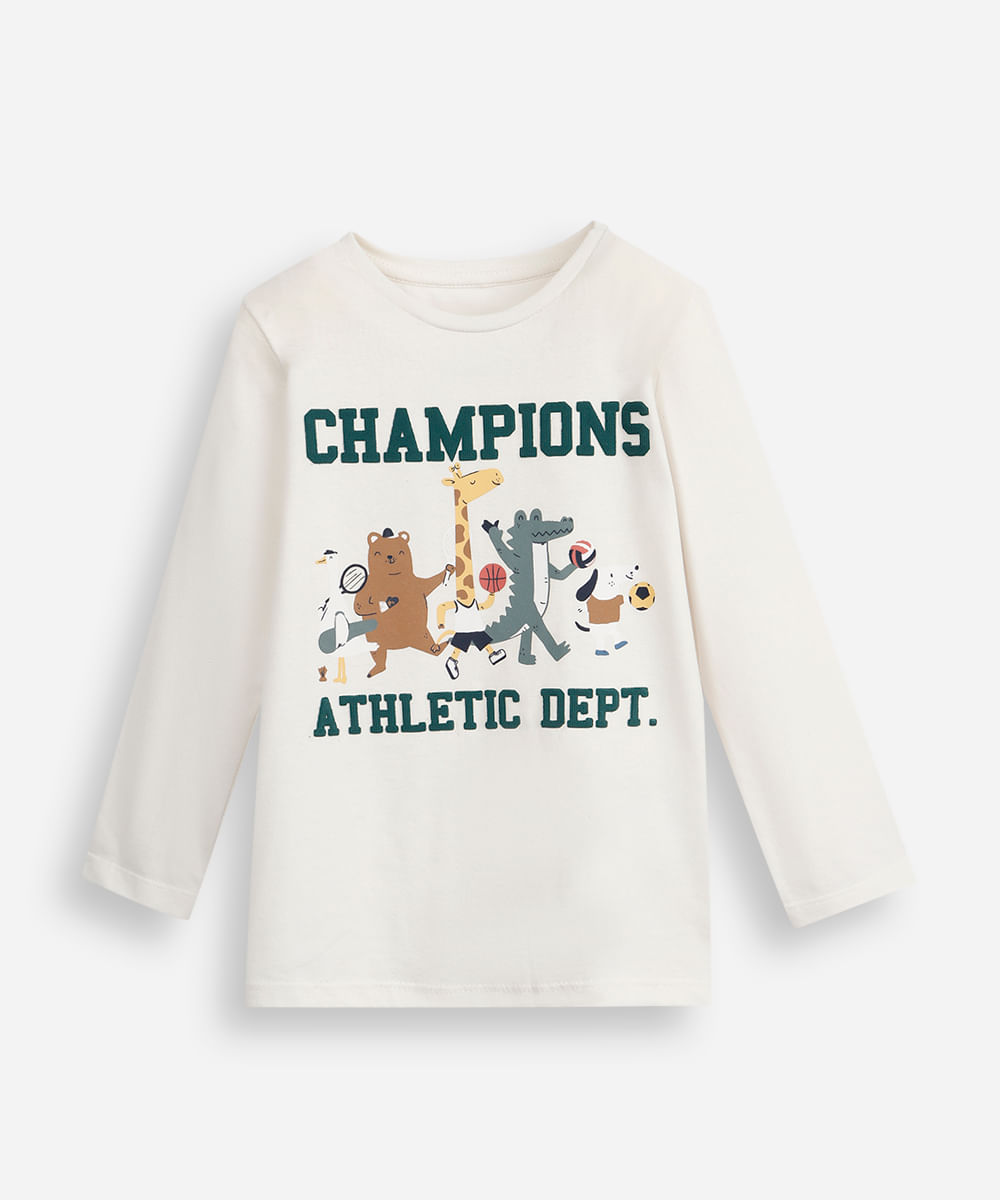 camiseta infantil de algodão manga longa bichinhos off white