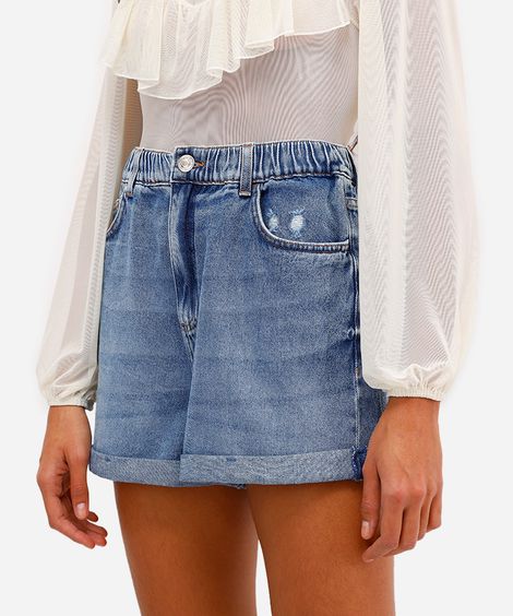 short mom feminino jeans cós elástico azul