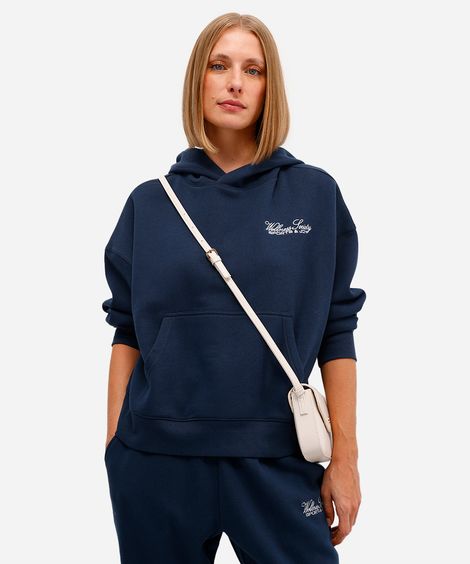 blusão feminino de moletom felpado com capuz e bordado azul