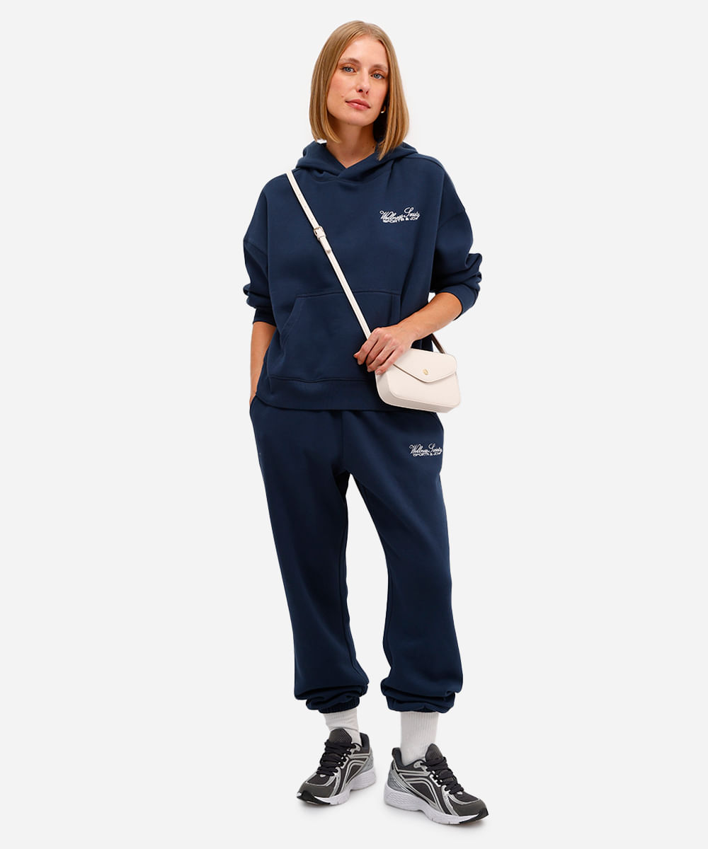 calça jogger feminina de moletom felpado com bordado azul