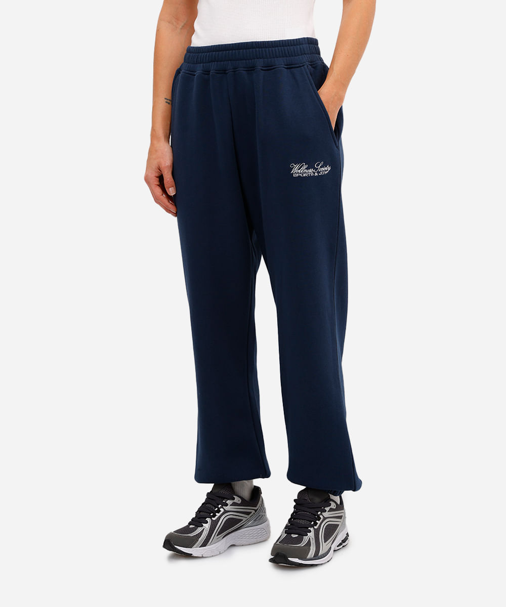 calça jogger feminina de moletom felpado com bordado azul