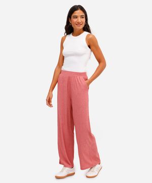 calça wide leg  feminina de malha texturizada rosa