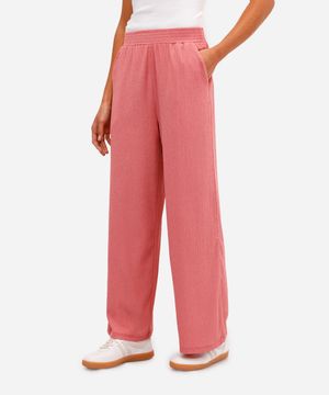 calça wide leg  feminina de malha texturizada rosa
