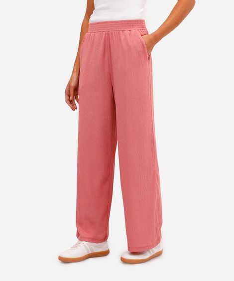 calça wide leg  feminina de malha texturizada rosa