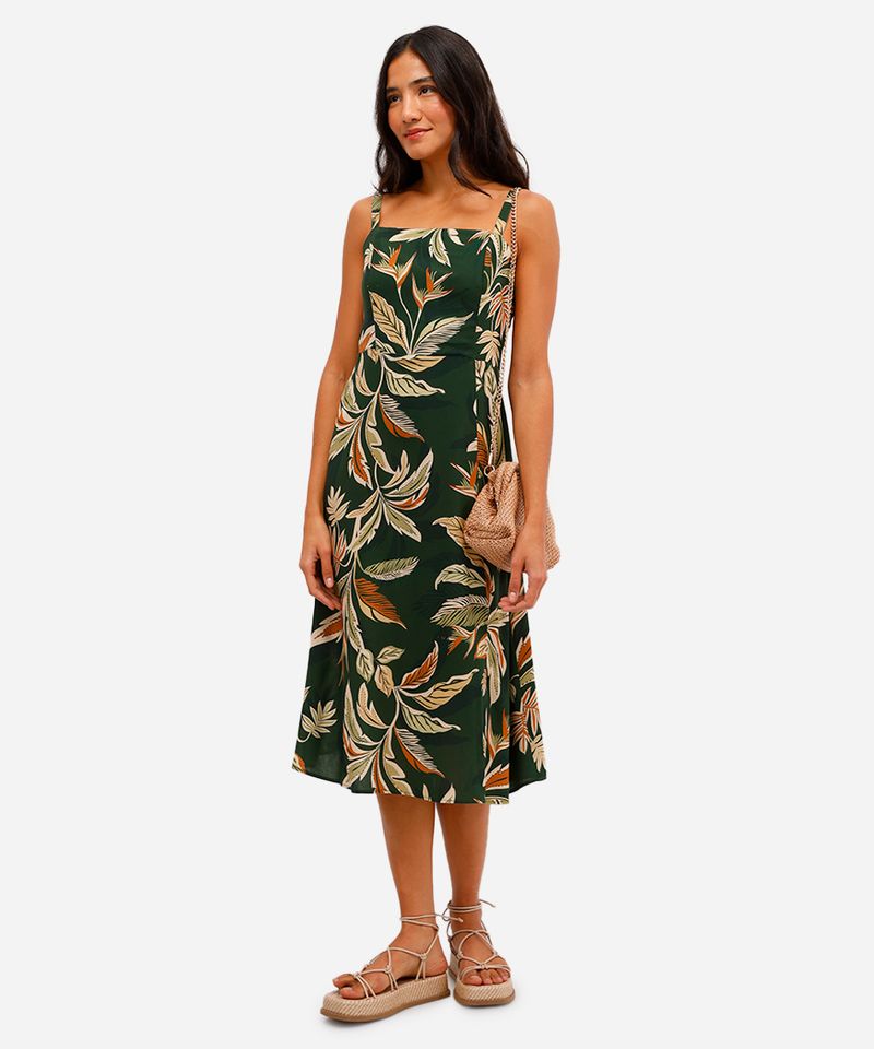 vestido midi feminino de viscose com fenda folhagens verde