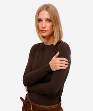 blusa feminina de viscose manga longa canelada marrom