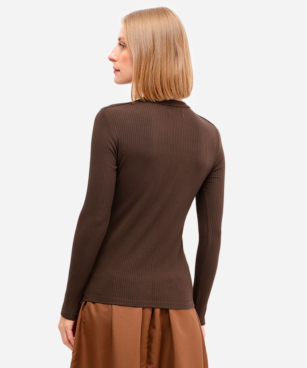 blusa feminina de viscose manga longa canelada marrom