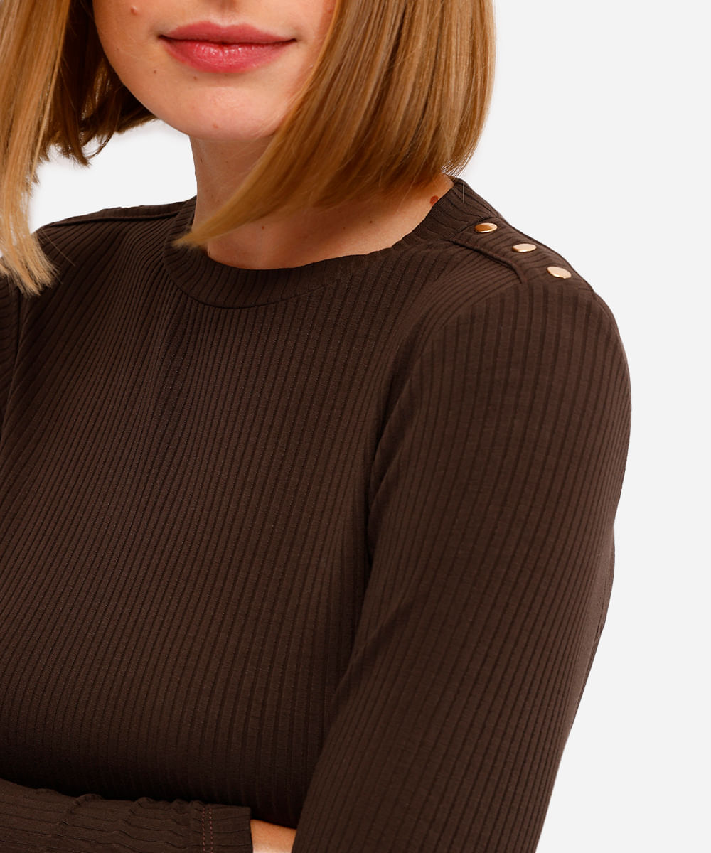 blusa feminina de viscose manga longa canelada marrom