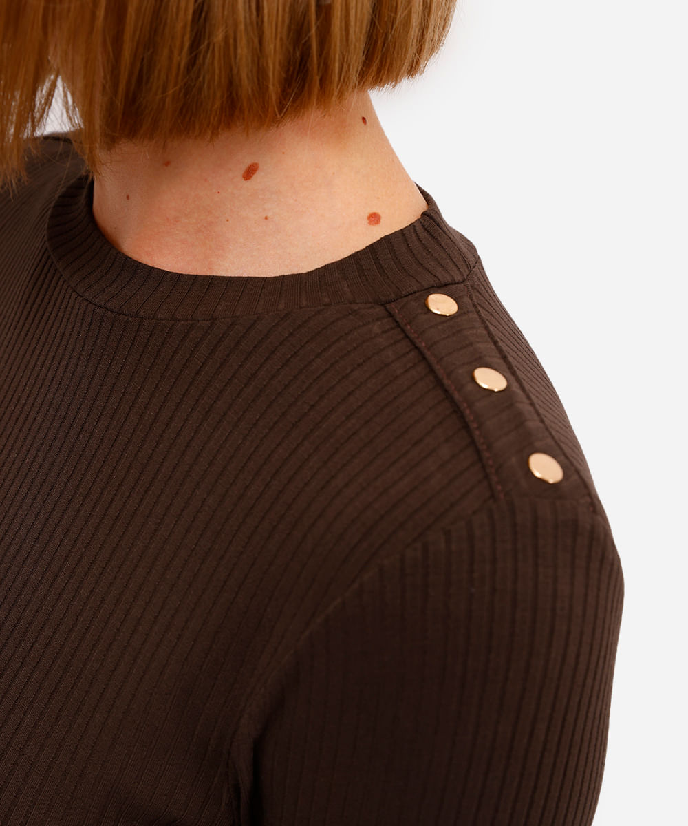 blusa feminina de viscose manga longa canelada marrom