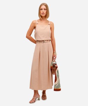 saia midi feminina de viscose com cinto bege