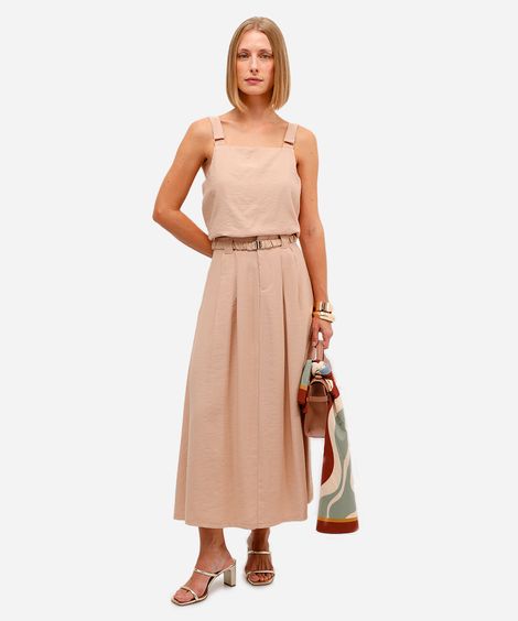saia midi feminina de viscose com cinto bege