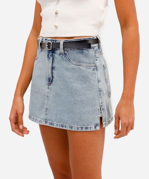 short saia feminino jeans com cinto azul
