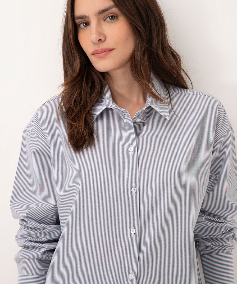 camisa listrada manga longa azul médio