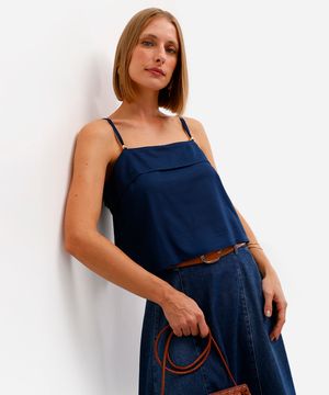 blusa feminina alça fina com linho azul