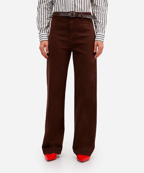 calça wide leg feminina de sarja com cinto marrom