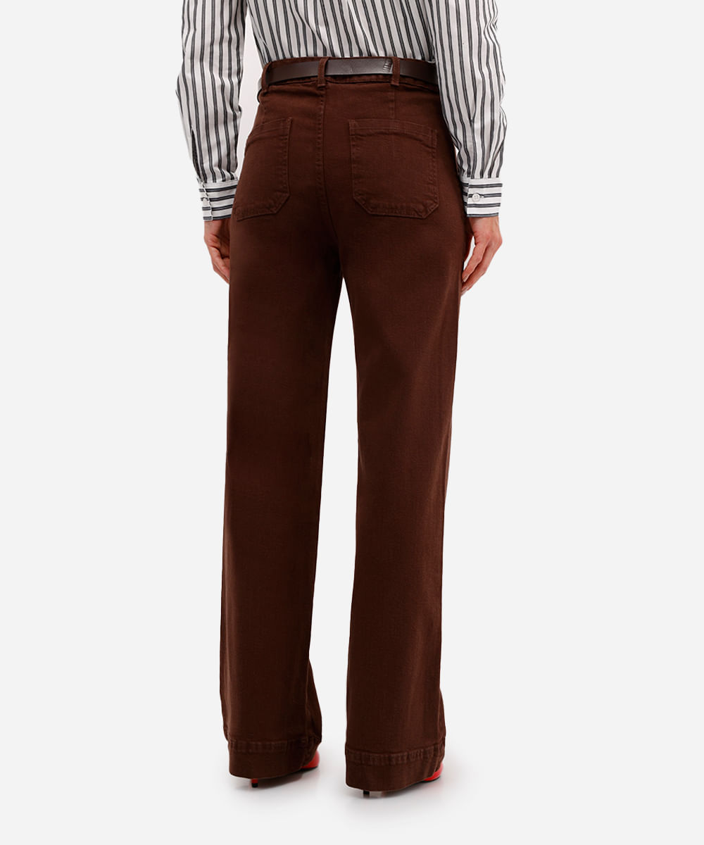 calça wide leg feminina de sarja com cinto marrom