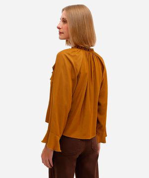 blusa feminina manga longa com babados amarela