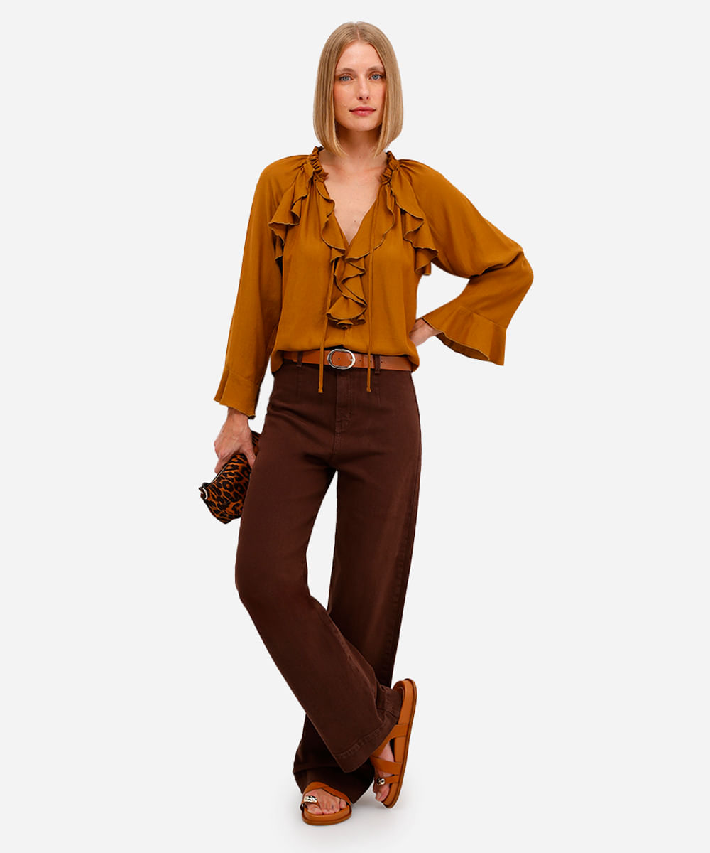blusa feminina manga longa com babados amarela