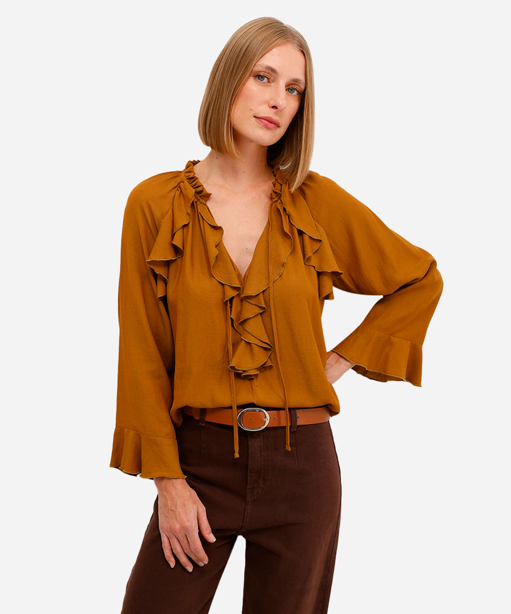 blusa feminina manga longa com babados amarela