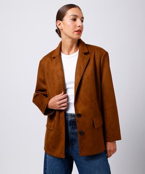 blazer oversized feminino de suede mindset marrom