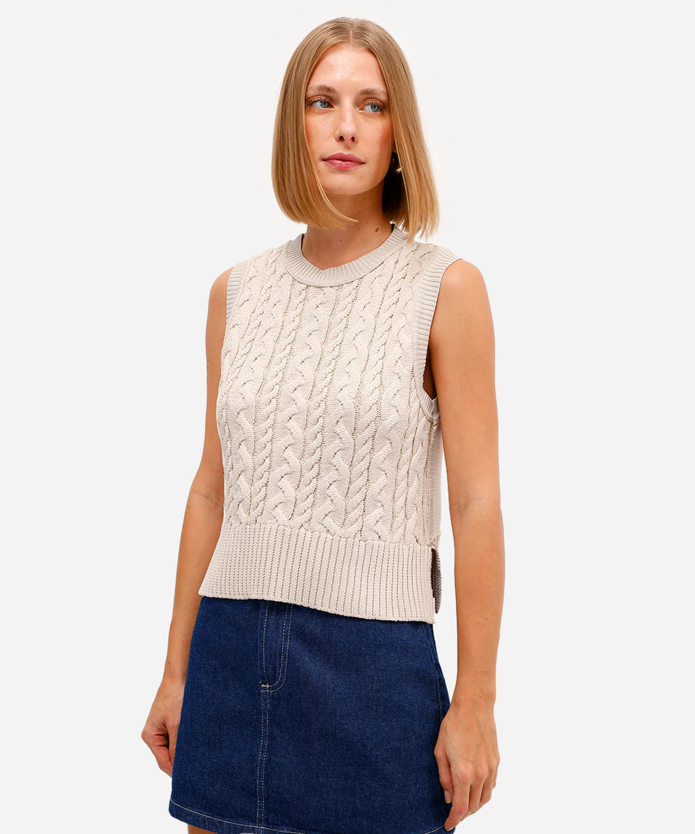 colete feminino de tricot texturizado bege