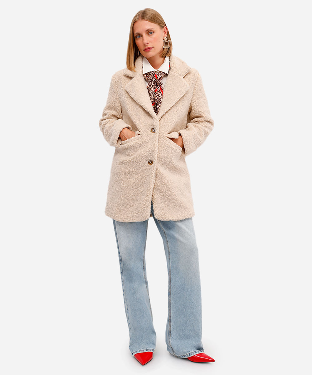 casaco alongado feminino de sherpa bege