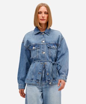 jaqueta feminina jeans com cinto azul