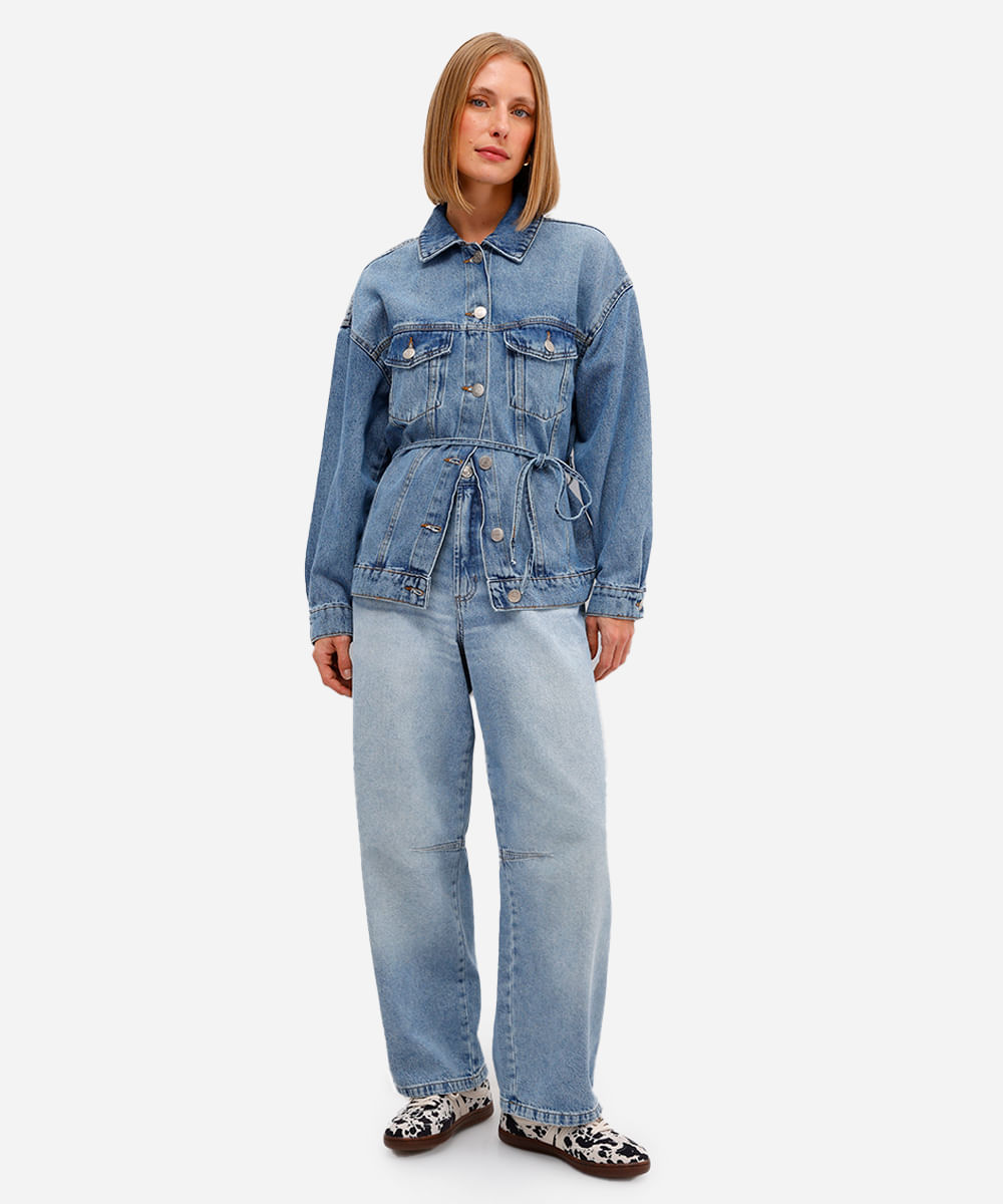 jaqueta feminina jeans com cinto azul
