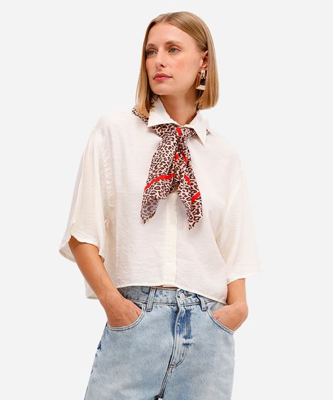 camisa feminina de viscose manga curta texturizada off white