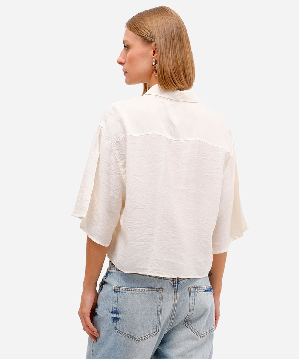camisa feminina de viscose manga curta texturizada off white