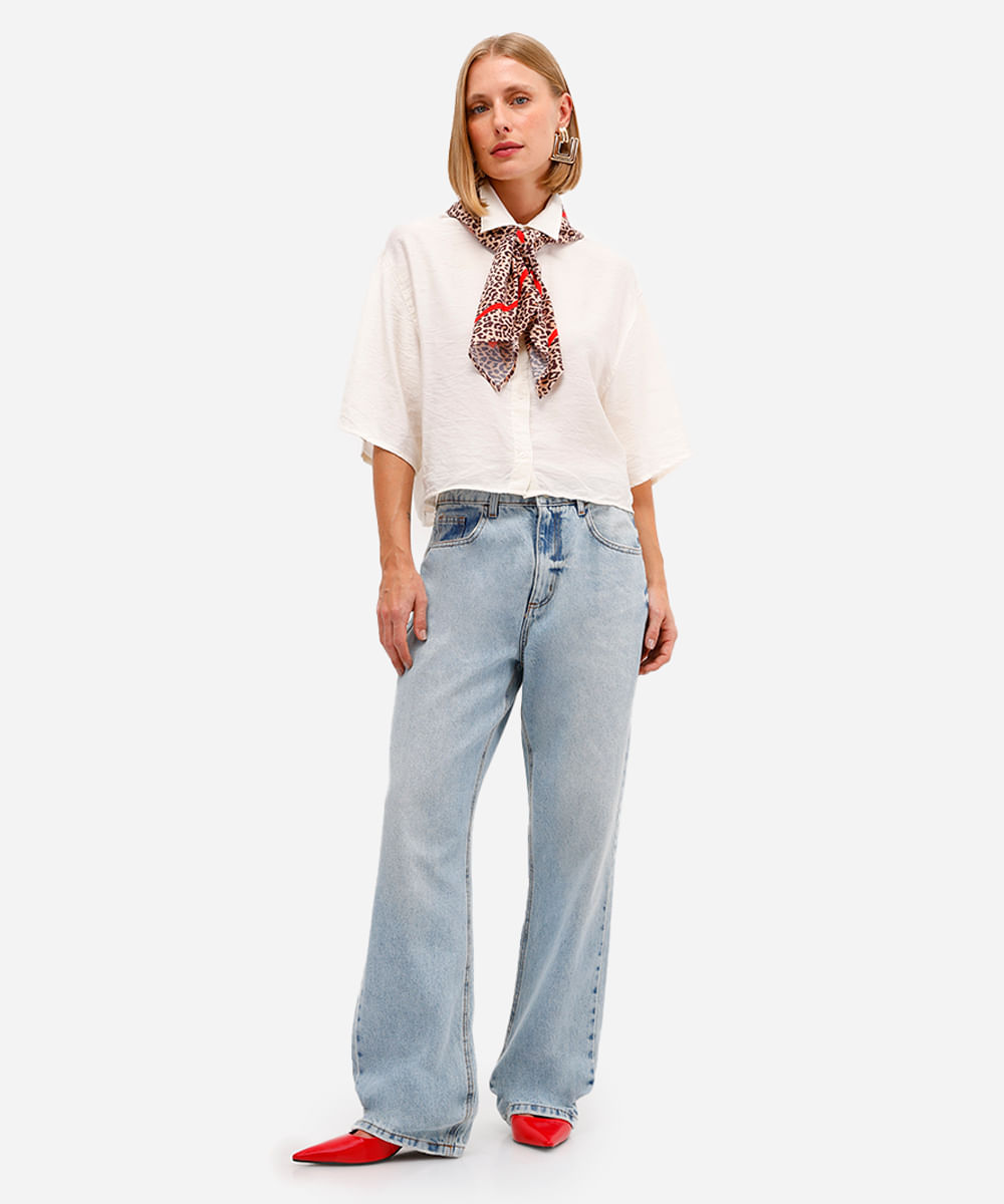 camisa feminina de viscose manga curta texturizada off white