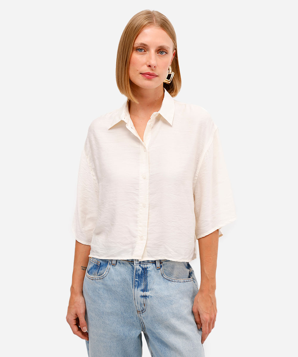 camisa feminina de viscose manga curta texturizada off white