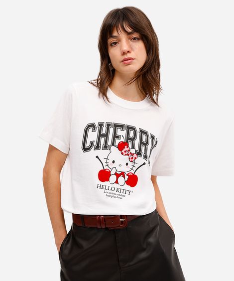 camiseta feminina de algodão hello kitty off white