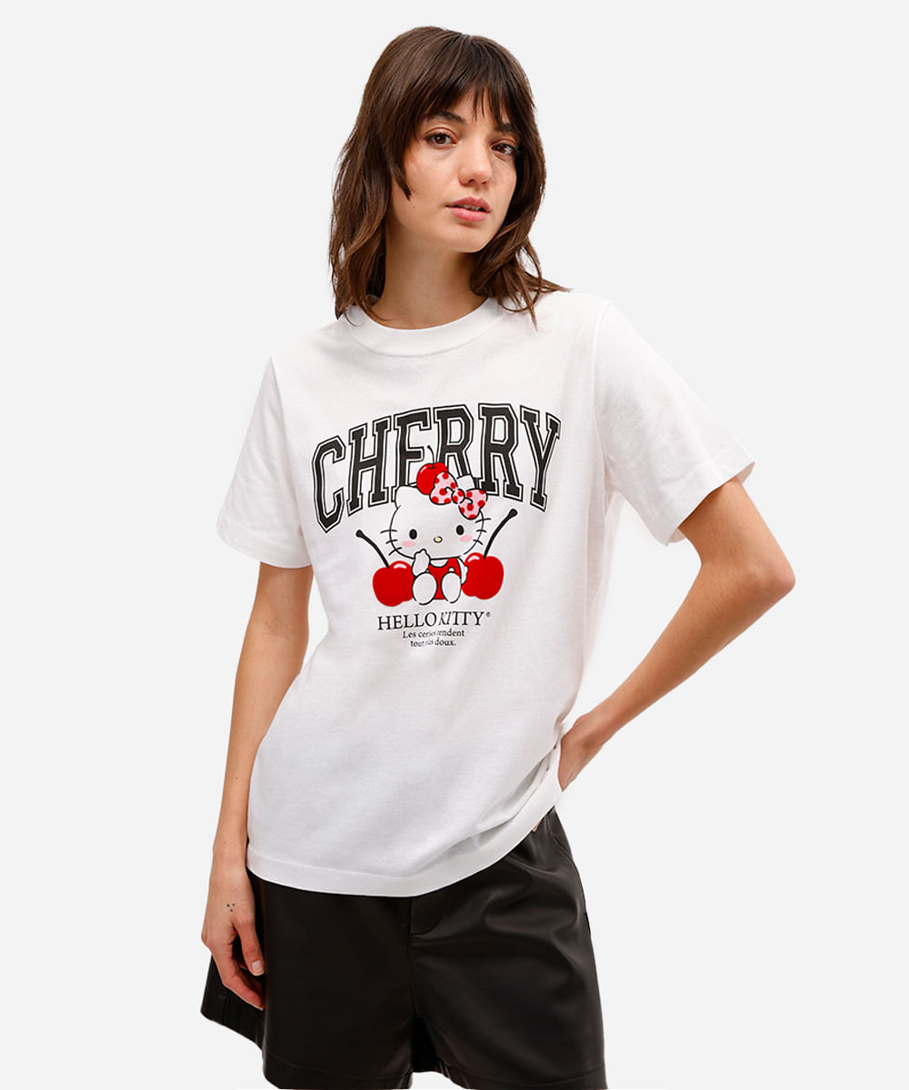 camiseta feminina de algodão hello kitty off white