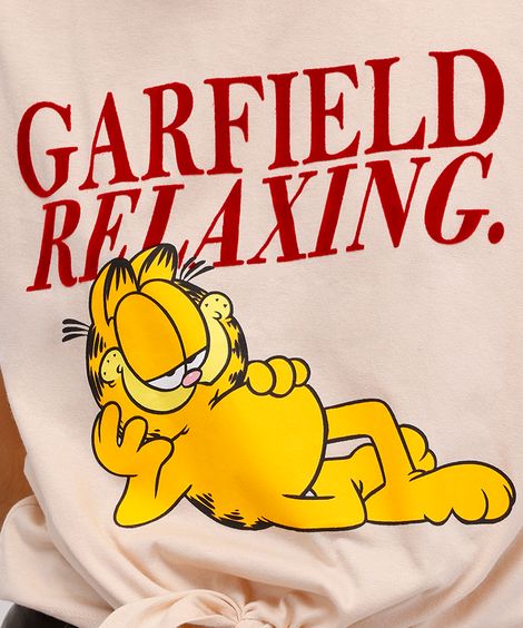 camiseta feminina de algodão garfield com amarração bege