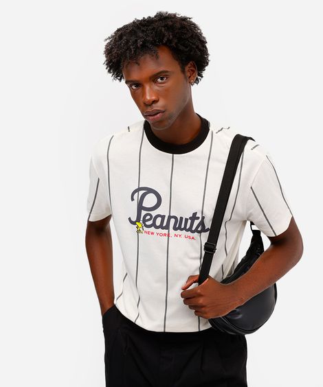 camiseta masculina de algodão snoopy listrada off white