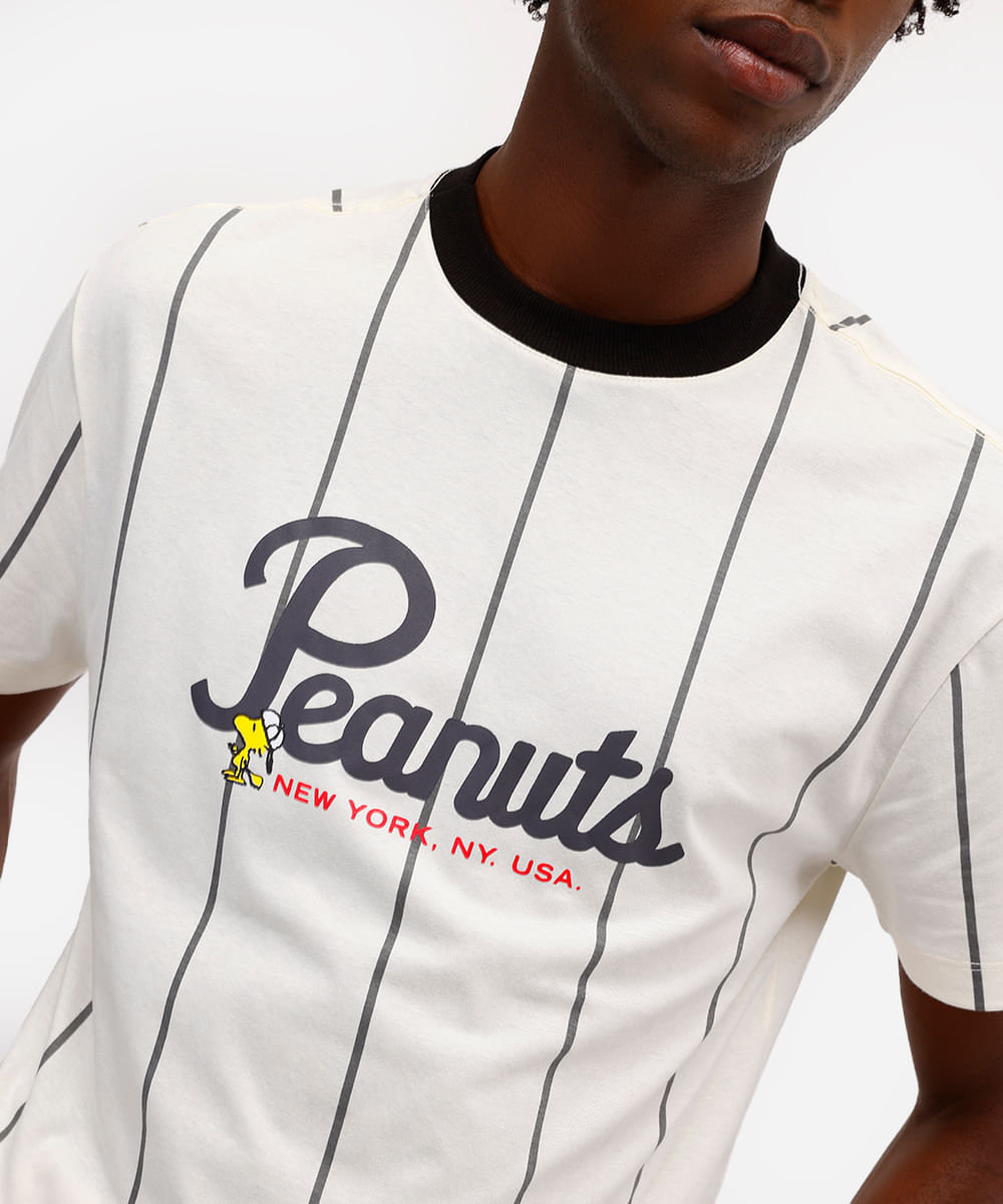 camiseta masculina de algodão snoopy listrada off white