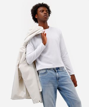 camiseta básica masculina manga longa texturizada branca