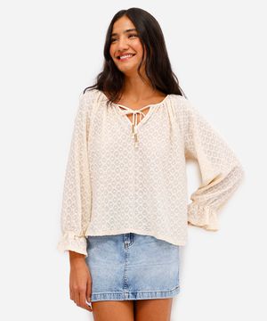 bata feminina manga bufante texturizada bege