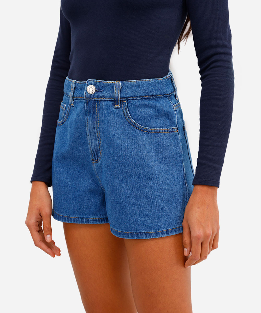 short mom feminino jeans cintura alta azul