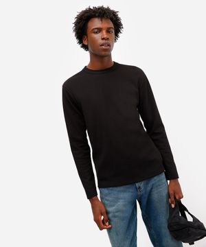 camiseta básica masculina manga longa texturizada preta
